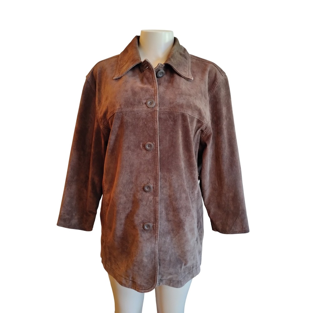 St Johns Bay Brown Washable Suede Leather Jacket Y2K Button Front Coat Womens L